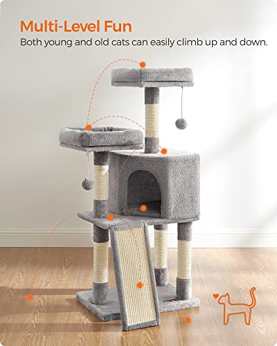 Feandrea Cat Tree, 45.3-Inch Cat Tower, Plush Condo with Scratching Post, Ramp, Perch, Spacious Cave, for Small Space, Light Gray UPCT141W01