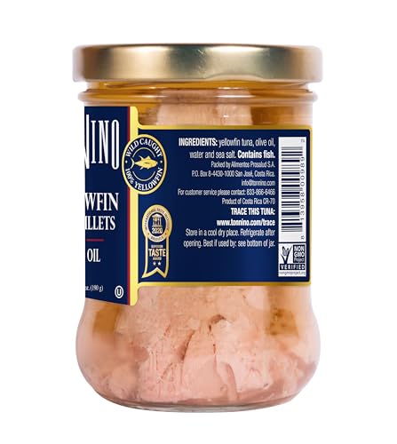 Tonnino Yellowfin Tuna Fish Premium - Olive Oil – Pack of 6 – Alternative to Salmon – Protein Snacks – Ready to Eat Meals in Glass Jar