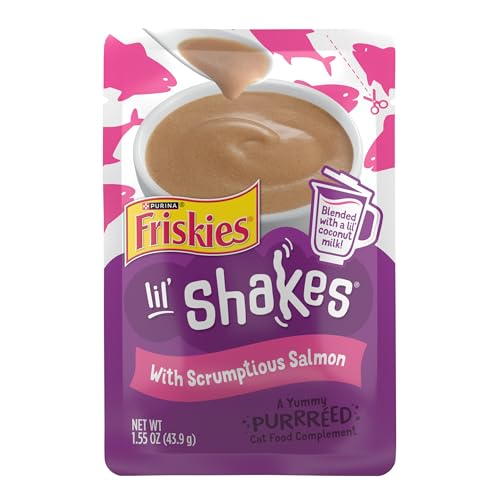 Purina Friskies Pureed Cat Food Topper, Lil’ Shakes With Scrumptious Salmon Lickable Cat Treats - (Pack of 16) 1.55 oz. Pouches