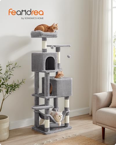 Feandrea Cat Tree, 59.5-Inch Tall Cat Tower, Plush Multi-Level Condo with 5 Scratching Posts, 2 Perches, 2 Caves, Hammock, 2 Pompoms, Light Gray