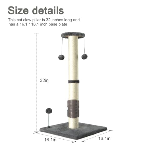 PEEKAB 32" Tall Cat Scratching Post Sisal Scratch Posts,with Hanging Ball and Self-Massage Brush Vertical Scratcher for Indoor Cats and Kittens Gray