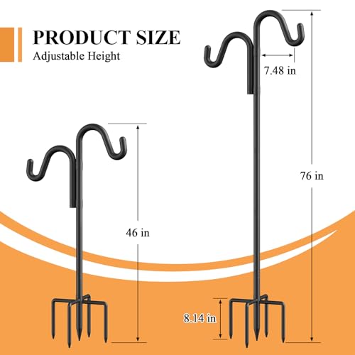 76" Double Hooks Heavy Duty Adjustable Bird Feeder Pole with Sturdy 5-Prong Base, Height Adjustable Shepherds Hook for Hanging Feeders, Plants, Solar