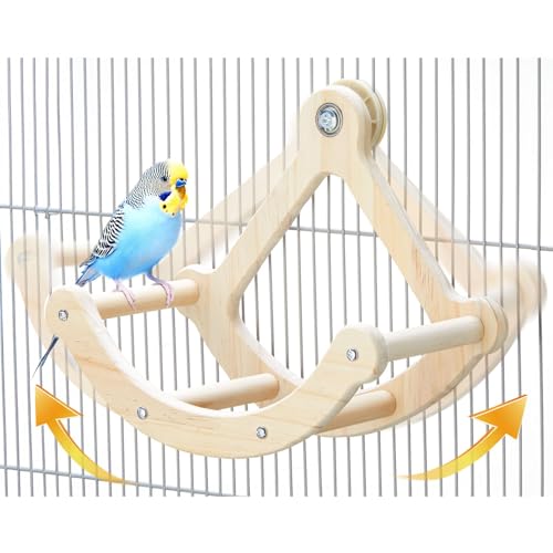 Bird Perch Toy, Interactive Rocking Parakeet Toys and Perches, Wooden Exercise Wheel Cockatiel Toys, Intelligence Puzzle Birds Enrichment Toy for