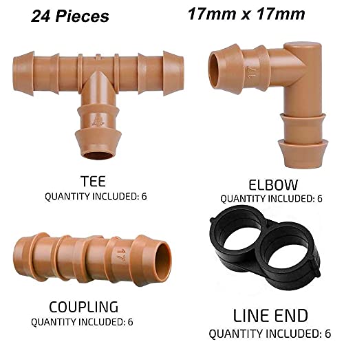 JAYEE 24P Drip Irrigation Fittings Kit for 1/2" Tubing (.600 ID), 17mm Parts- 6 Tees, 6 Couplings, 6 Elbows,6 End Cap Plugs- Barded Connectors for