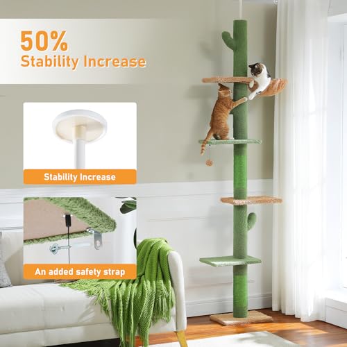 PAWZ Road Cat Tree, Cactus Floor to Ceiling Cat Tower with Adjustable Height(95-108 Inches), 5 Level Cat Climbing Tower with Cozy Hammock, Platforms