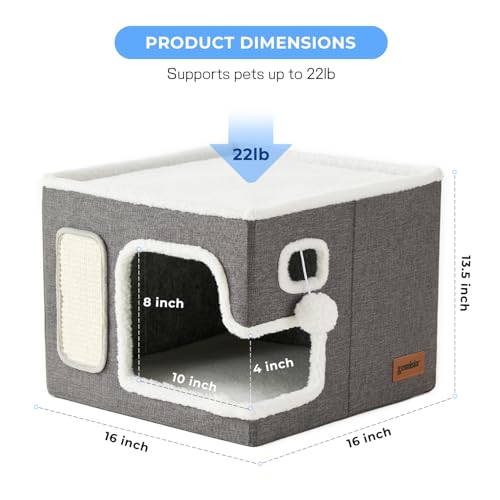 ZOMISIA Cat Beds for Indoor Cats - Large Cat House for Pet with Fluffy Ball Hanging and Scratch Pad, Foldable Cat Hideaway,16.5x16.5x13 inches, Grey