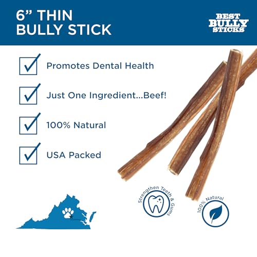 Best Bully Sticks 6 Inch Thin Bully Sticks - 24 Count (Pack of 1) - Natural, Easily Digestible, 100% Grass-Fed, Grain and Rawhide Free
