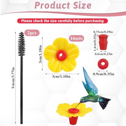 16 Pieces Hummingbird Feeders Replacement Flowers Yellow Pet Replacement Bird Feeder Replacement Parts with 2 PCS Brush Feeding Ports Bee Guards for