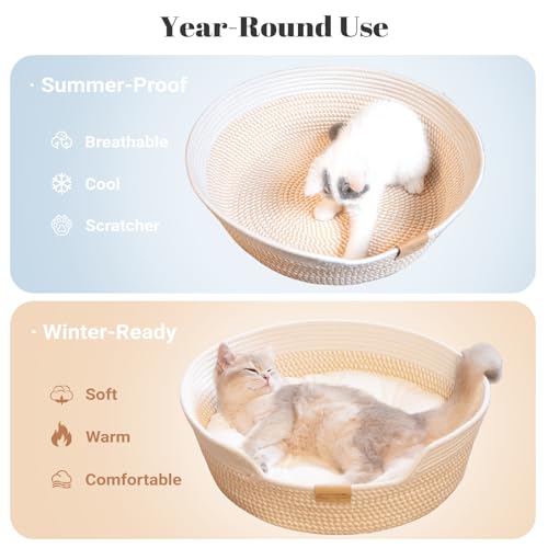 CHEERHOME PETS Cat Bed Basket with Cushion, Cotton Rope Woven Pet Bed for Indoor Cats Couch, Stimulicat Cat Bed Handwoven Breathable, All Season