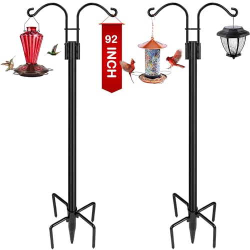 XDW-GIFTS Double Shepherds Hooks for Outdoor, 2-Pack Heavy Duty Garden Pole for Hanging Bird Feeder, Plant Baskets, Solar Light Lanterns, Garden