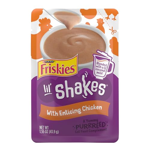 Purina Friskies Pureed Cat Food Topper, Lil’ Shakes With Enticing Chicken Lickable Cat Treats - (Pack of 16) 1.55 oz. Pouches