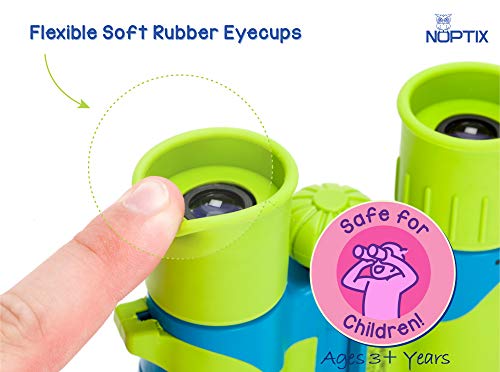 Binoculars for Kids, Girls or Boys Real Kids Binoculars in Vibrant Green Blue - Includes Sticker Book with 40 Bird Species - Small Toys for Toddlers