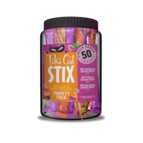 Tiki Cat Stix Mousse Treats, Variety Mega Jar, Single Serve Indulgent Lickable Treat or Dry Food Topper, 50 Count, 25 oz. (0.5 oz./Stick)
