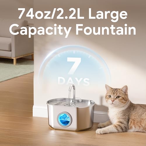 Cat Water Fountain Stainless Steel: 73oz/2.2L Cat Fountain for Drinking- Pet Water Fountain Inside - Automatic Dog Watering Dispenser Bowl - Pet
