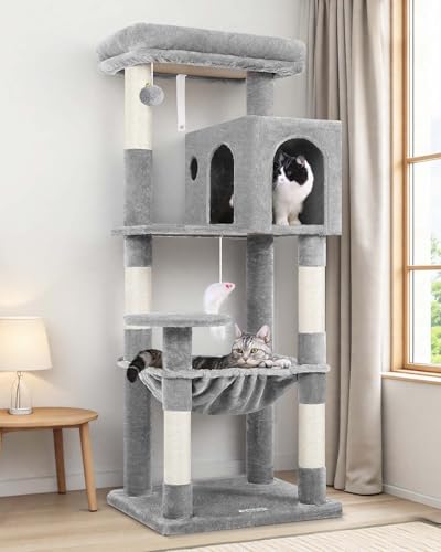 Globlazer Cat Tree Tower with Scratching Post for Indoor Cats, 53inch Tall Plush Multi-Level Cat Climbing Tower Condo House with Large Hammock