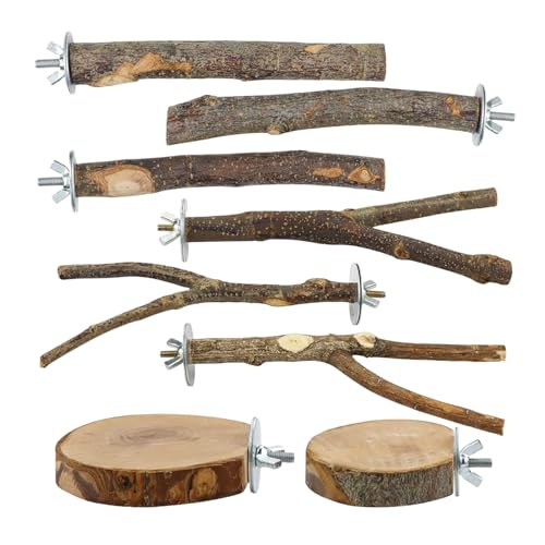 8-Piece Set Natural Wood Bird Perches - Wooden Parrot Stand with Fork Toys, Hanging Multi-Branch Platform, Hammock Swing - Suitable for Parakeets