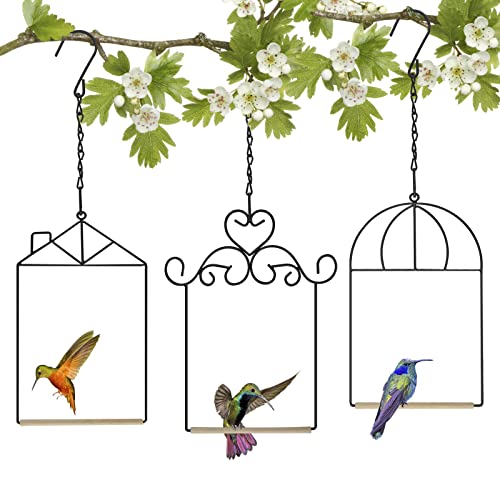 3PK Metal Frame Hummingbird Swings and Perches with Wooden Dowel Black Bird Swing Outdoor Bird Perch Humming Bird Swing