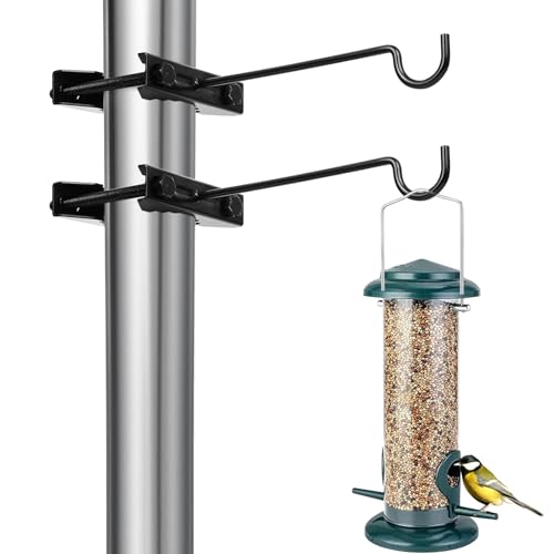 2 Pack Bird Feeder Hanger Hook, Metal Clamp-On Deck Hook for Railing Pole, Outdoor Hanging Bracket for Plant, Camping Lantern Rack, Windproof Tree