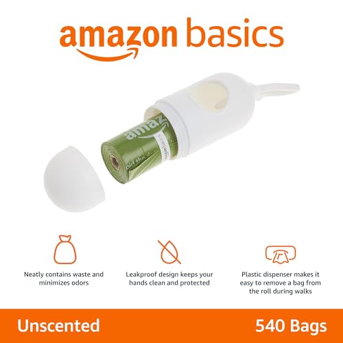 Basics Premium Leak Proof Dog Poop Bags with Dispenser and Leash Clip, Unscented, 13" x 9", 540 Count (36 Rolls of 15)