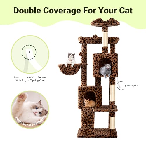 Allewie 64 Inches Cat Tree Tower/Multi-Level Activity Center for Indoor Big Felines/2 Plush Condos/2 Perchs/Basket/House/Sisal Scratching