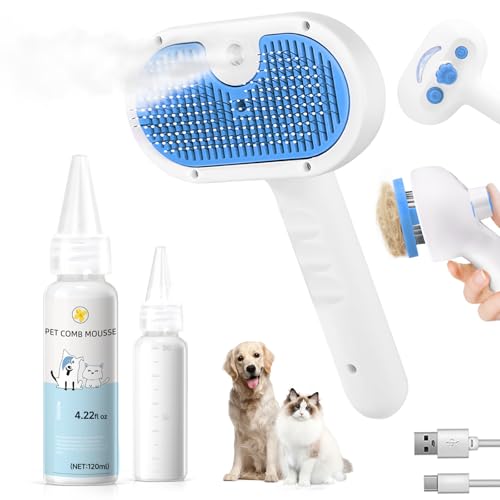 Pet Steam Brush for Dog & Cat - 3-in-1 Steam Grooming Brush for Shedding & Hair Removal - Self Cleaning Spray Comb with Mist for Long Haired Pets