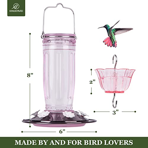 Kingsyard Glass Hummingbird Feeder for Outdoors Wild Bird Feeder with 6 Feeding Ports Hanging for Garden Yard, Pink (Ant Moat Included)