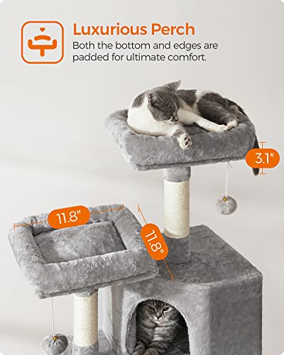 Feandrea Cat Tree, 45.3-Inch Cat Tower, Plush Condo with Scratching Post, Ramp, Perch, Spacious Cave, for Small Space, Light Gray UPCT141W01