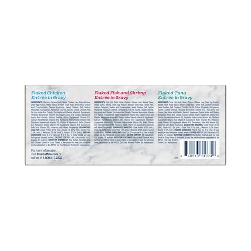 Blue Buffalo Tastefuls Flaked Wet Cat Food Variety Pack, Made with Natural Ingredients, Tuna, Chicken, Fish & Shrimp, 3-oz Cans (12 Count, 4 of Each)
