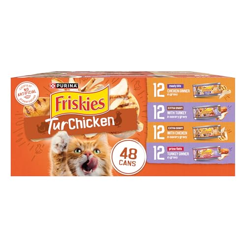Purina Friskies TurChicken Turkey and Chicken Wet Cat Food Variety Pack with Meaty Bits,  Filets, and Extra Gravy, 48 ct.