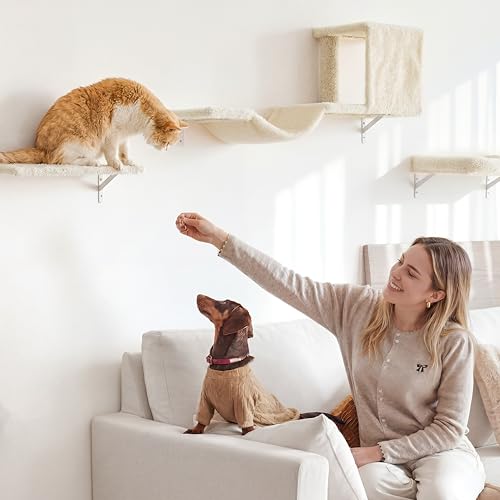 FUKUMARU Cat Wall Shelves, Stable & Safe 5 in 1 Cat Walls Furniture Set, Wooden Kitten Climbing Wall with Scratching Post for 16 Inch Drywall - Beige