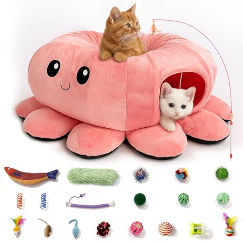 Cat Tunnel Bed with 20 Cat Toys, Collapsible Play Tunnel for Indoor Cats, Kitten Toys for Indoor Kittens, Octopus Shaped