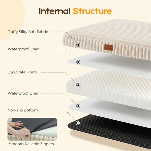 Orthopedic Dog Bed for Large Dog, Waterproof Pet Bed,Non-Slip Bottom and Egg-Crate Foam with Removable Washable Cover Crate Bed,Cream,36"x27"x3"