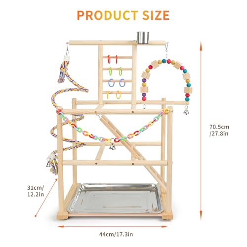 Bird Playground, Parrots Playstand for Small to Medium Birds, Perch Stand with 3 Ladders Playgym with Rope Perch, Swings Feeder Cups Bird Cage