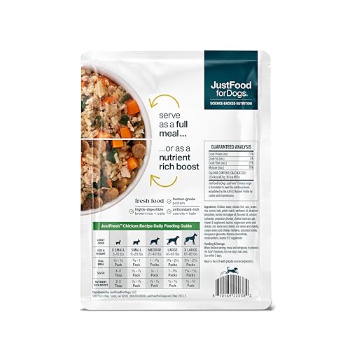 JustFoodForDogs JustFresh Wet Dog Food, Fresh Pet Meals and Toppers with No Preservatives, Resealable Package, Human Grade, Home-Cooked Chicken, 12