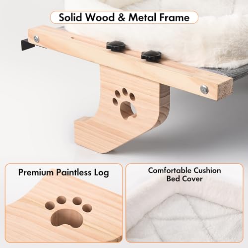 AMOSIJOY Cat Sill Window Perch Sturdy Hammock Seat with Cushion Bed Cover, Wood & Metal Frame for Large Cats, Easy to Adjust Windowsill, Bedside