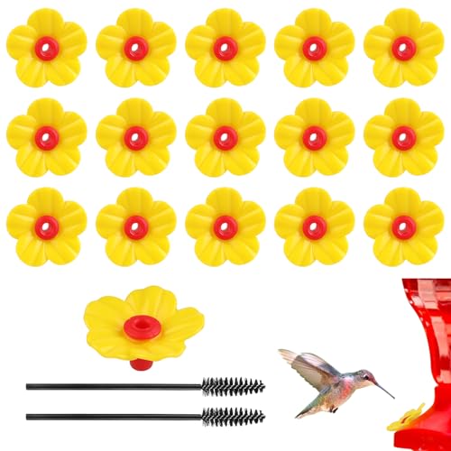 16 Pieces Hummingbird Feeders Replacement Flowers Yellow Pet Replacement Bird Feeder Replacement Parts with 2 PCS Brush Feeding Ports Bee Guards for