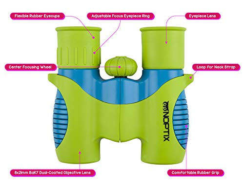 Binoculars for Kids, Girls or Boys Real Kids Binoculars in Vibrant Green Blue - Includes Sticker Book with 40 Bird Species - Small Toys for Toddlers