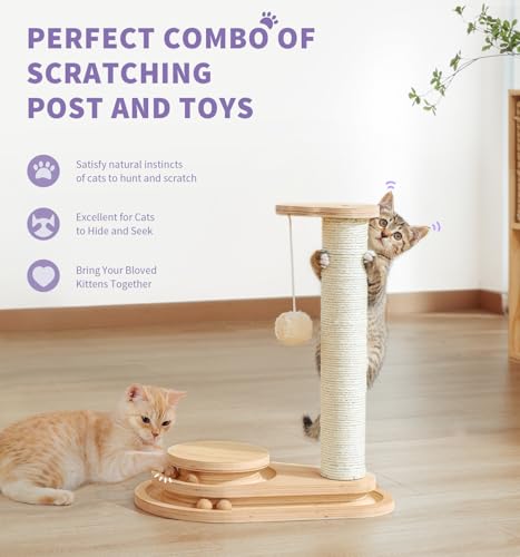 Made4Pets Cat Scratching Post Cat Scratcher Kitten Toys for Indoor Cats Wooden Ball Track Two-Layer Modern Sisal 17.7" Tall Scratch Post Interactive