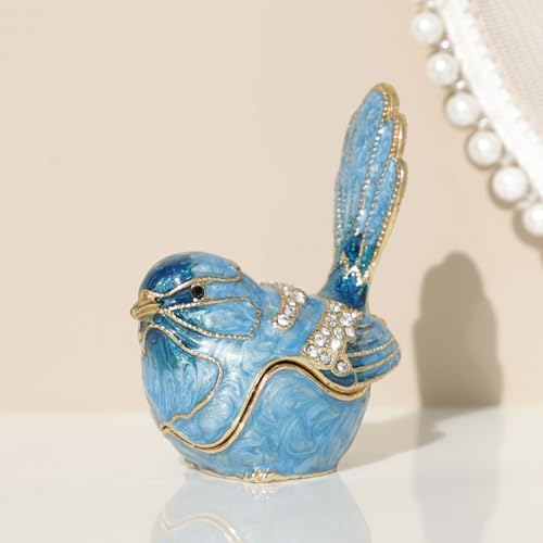 Exquisite Hand - Painted Enamel Blue Bird Trinket Box Hinged Rhinestone - Adorned Mini Jewelry Organizer for Rings & Necklaces, Ideal Classical Home