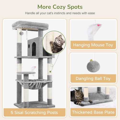 Globlazer Cat Tree Tower with Scratching Post for Indoor Cats, 53inch Tall Plush Multi-Level Cat Climbing Tower Condo House with Large Hammock