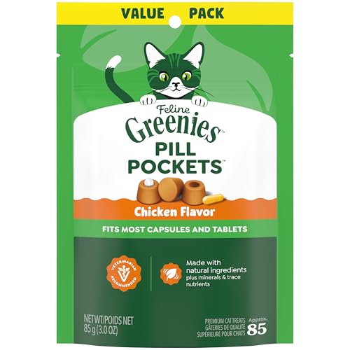 Greenies Feline Pill Pockets for Cats Natural Soft Cat Treats, Chicken Flavor, 3 oz. Pouch (85 Treats)