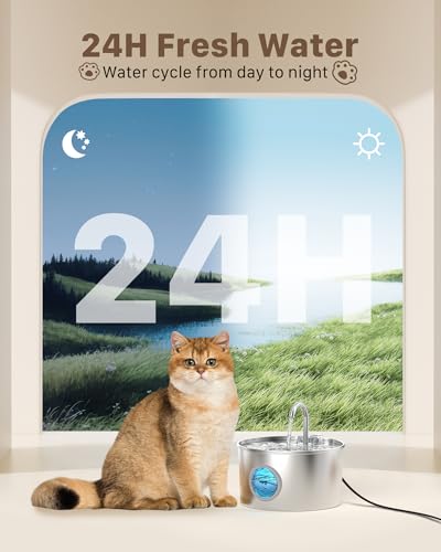 Cat Water Fountain Stainless Steel: 74oz/2.2L Cat Fountain for Drinking - Pet Water Fountain for Cats Inside - Quiet Cats Water Bowl Dispenser