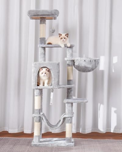 Hey-brother Cat Tree with Large Hammock, Multi-Level Cat Tower for Indoor Cats, Cat Condo with Sisal-Covered Scratching Posts and Top Perch, Light