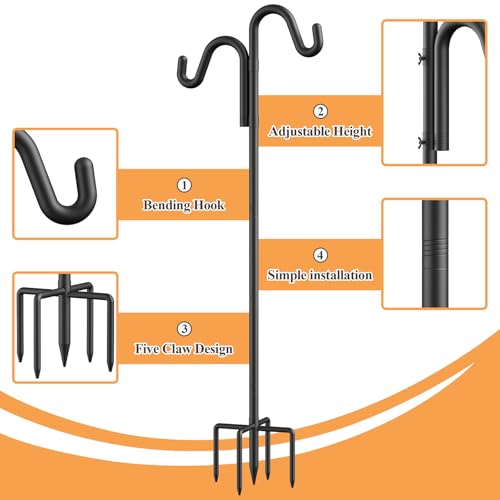 76" Double Hooks Heavy Duty Adjustable Bird Feeder Pole with Sturdy 5-Prong Base, Height Adjustable Shepherds Hook for Hanging Feeders, Plants, Solar