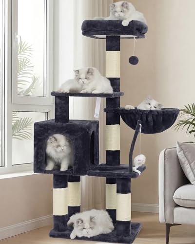 Heybly Cat Tree with Toy, Cat Tower Condo for Indoor Cats, Cat House with Padded Plush Perch, Cozy Hammock and Sisal Scratching Posts, Smoky Gray