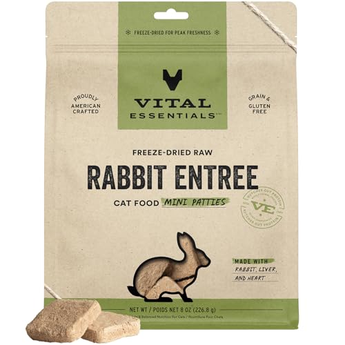 Vital Essentials Freeze Dried Cat Food, Raw Rabbit Mini Patties | Complete Meal or Topper | Easy to Portion and Rehydrate | High Protein, Grain Free