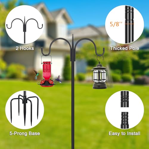 FEED GARDEN Heavy Duty Shepherds Hook 76" Double Hooks Adjustable (44/60/76") - Alloy Steel 5-Prong Base, 17lb Capacity - Easy Assembly Bird Feeder