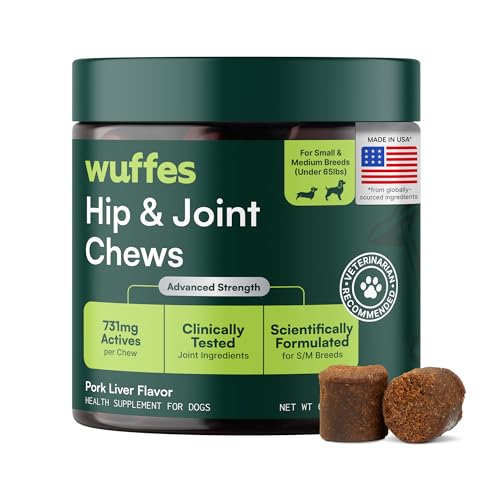 Wuffes Advanced Dog Hip and Joint Supplement with Glucosamine, Chondroitin, Omega 3, MSM, and Green Lipped Mussel, 60 Pork Flavored Chews for Small