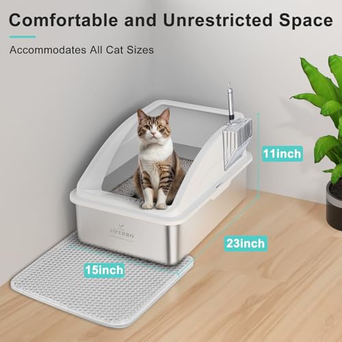 Stainless Steel Litter Box | XL Enclosed Cat Litter Boxes with Lid for Big Cats | High Sided, Anti-Urine Leakage | Non-Stick Bottom & Includes Litter