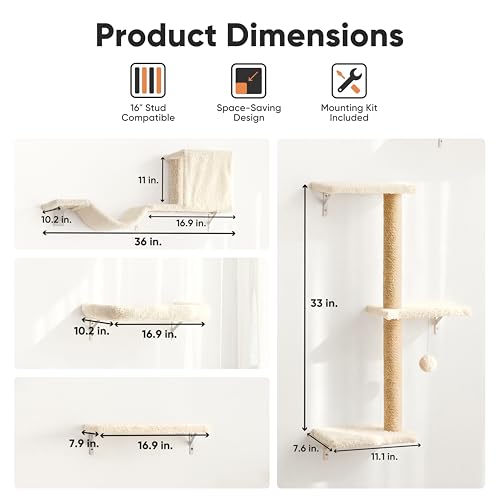 FUKUMARU Cat Wall Shelves, Stable & Safe 5 in 1 Cat Walls Furniture Set, Wooden Kitten Climbing Wall with Scratching Post for 16 Inch Drywall - Beige